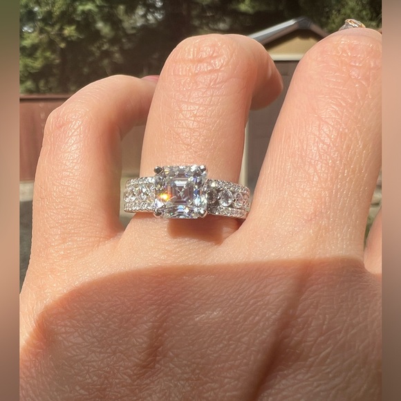 Brand New Moissanite Asscher Cut 2CT Ring 18K White Gold Plated Sterling Silver - Picture 9 of 16